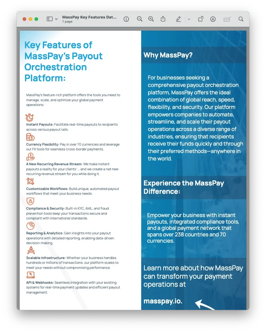 MassPay Key Features Data Sheet Screenshot